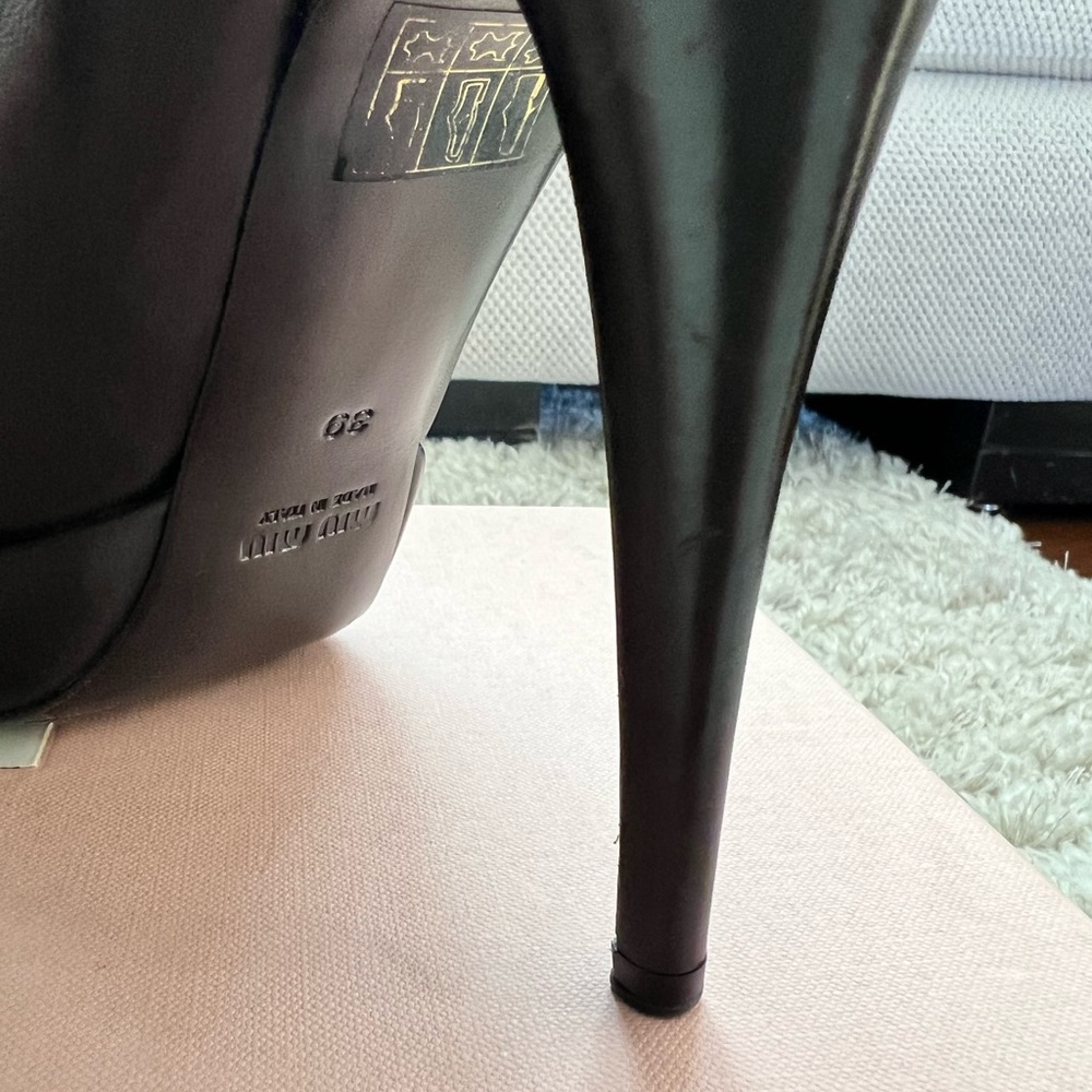 Miu Miu Peep Toe Nappa Bow Washed Platform Heel - image 8